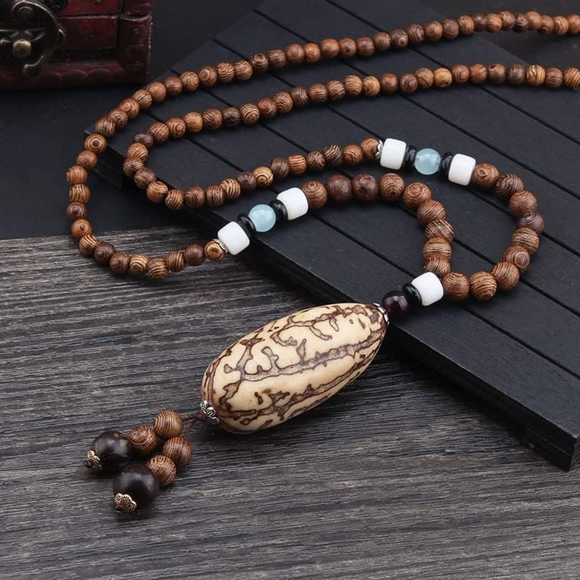 Jewelry - Vintage Handmade Necklace Nepal Buddhist Mala Wood Beads Pendant & Necklace